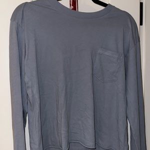 Brandy Melville Long Sleeve Tee 100% Cotton Raw Hem Chest Pocket Crew Neck Blue